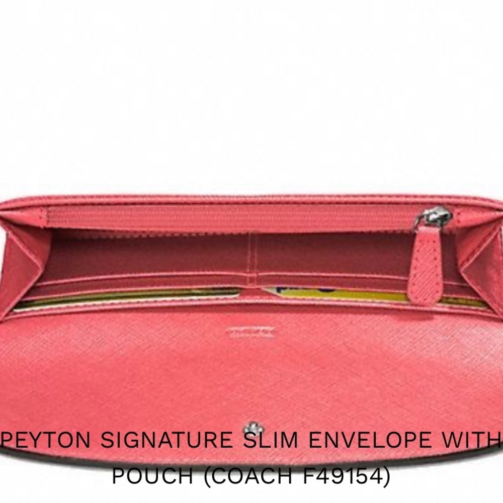 COACH Peyton Signature Slim Envelope Wallet Khaki Tan Coral Pink Canvas Leather - Picture 5 of 16
